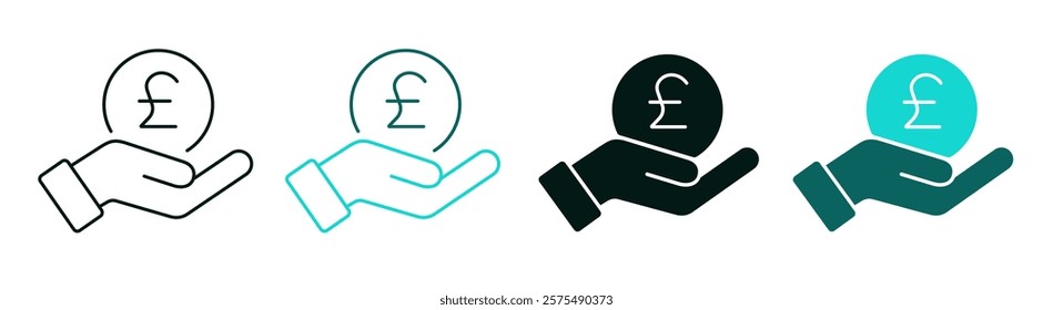 Hand holding a Pound coin icon set. English or British GBP coin. Line, color or black logo. Save money, salary, finance or cash concept. Logo symbol for web or app. Editable vector stroke.