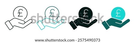 Hand holding a Pound coin icon set. English or British GBP coin. Line, color or black logo. Save money, salary, finance or cash concept. Logo symbol for web or app. Editable vector stroke.