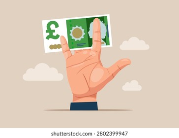 Hand holding up a hand pound sterling bill money. Flat vector illustration