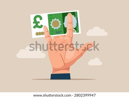 Hand holding up a hand pound sterling bill money. Flat vector illustration