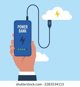 Hand holding power bank. Portable accumulator for charging mobile devices. Flat vector illustration