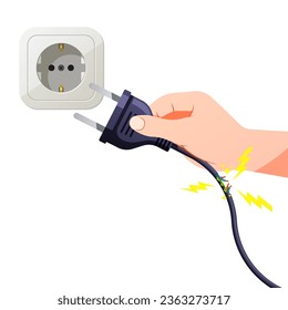 Hand holding the power cable, the power cable is damaged, causing a short circuit.