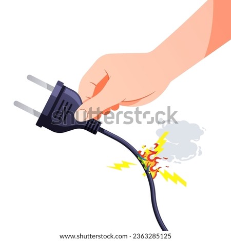 Hand holding the power cable, the power cable is damaged, causing a short circuit.