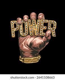 hand holding power golden chrome graphic vector illustration on black background
