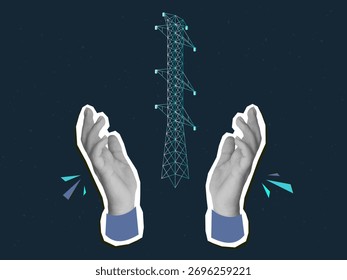 Hand holding a power line tower. Modern collage style. Vector illustration