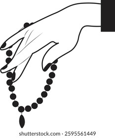 Hand Holding Prayer Beads with Black and White Color Design. Vector illustration