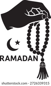 A hand holding prayer beads with crescent moon and star, symbolizing ramadan observance isolated on white background