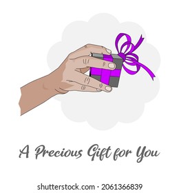 Hand holding a precious decorated gift with text in white background