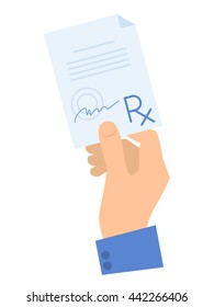 Hand holding a prescription. Medicine and healthcare flat concept illustration. Human hand, rx document prescription with doctor signature. Vector element for medical infographic for web, presentation