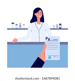 Hand holding prescription rx form in pharmacy or drugstore with pharmacist at counter, flat cartoon vector illustration. Online pharmacy or drugstore background.