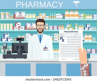 hand holding a prescription rx form. Interior pharmacy or drugstore with male pharmacist at the counter. Medicine pills capsules bottles vitamins and tablets. vector illustration in flat style