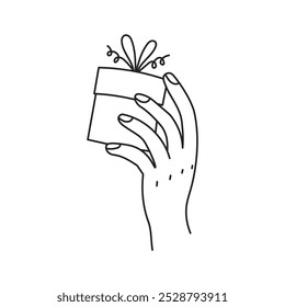 Hand Holding Present Gift Box Line art. Outline drawn Icon. Gesturing with Birthday Surprise symbol. Fingers holding package with tied bow. Vector illustration