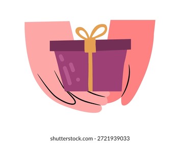 Mão segurando presente envolto em papel decorativo. Vetor em estilo plano, personagem isolada com presente para ocasião especial, aniversário ou aniversário, ano novo ou tradição de Natal de comemorar
