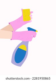 Hand holding and pressing down nozzle of aerosol can spraying liquid particles mist. Detergent and disinfectant. Antiseptic spray in flask. Vector illustration