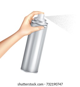 Hand holding and pressing down nozzle of aluminium aerosol can spraying liquid particles mist realistic vector illustration 