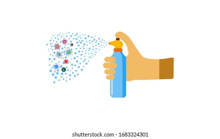 Hand holding and pressing nozzle of aerosol bottle spraying liquid against virus, detergent and disinfectant vector isolated on white background, flat vector for mobile and computer web graphic design