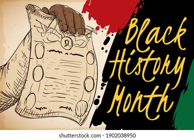 Hand holding a proclamation in hand drawn style, splatters with African colors to commemorate Black History Month.