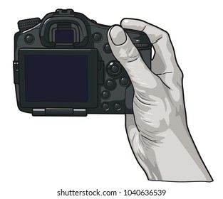 Hand holding professional photo camera