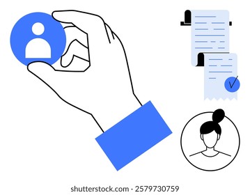 Hand holding profile icon, checklist with a tick, female profile icon. Ideal for HR, recruitment, resume selection, employee documentation, administrative tasks. Cartoon style, clean, modern