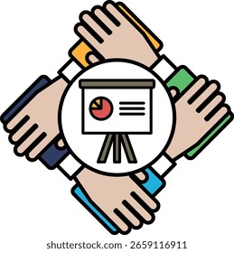 Eine Hand hält einen Projektorbildschirm mit einem roten und grünen Kreisdiagramm. Konzept der Zusammenarbeit und Teamarbeit, da die Hände den Projektorbildschirm zusammenhalten
