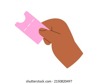 Hand holding promo gift coupon icon. Arm with abstract paper ticket. Sale discount promotion card for shopping, entertainment event. Flat vector illustration isolated on white background