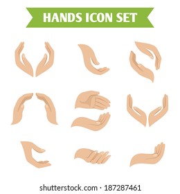 Hand holding and protect gestures icons set isolated vector illustration