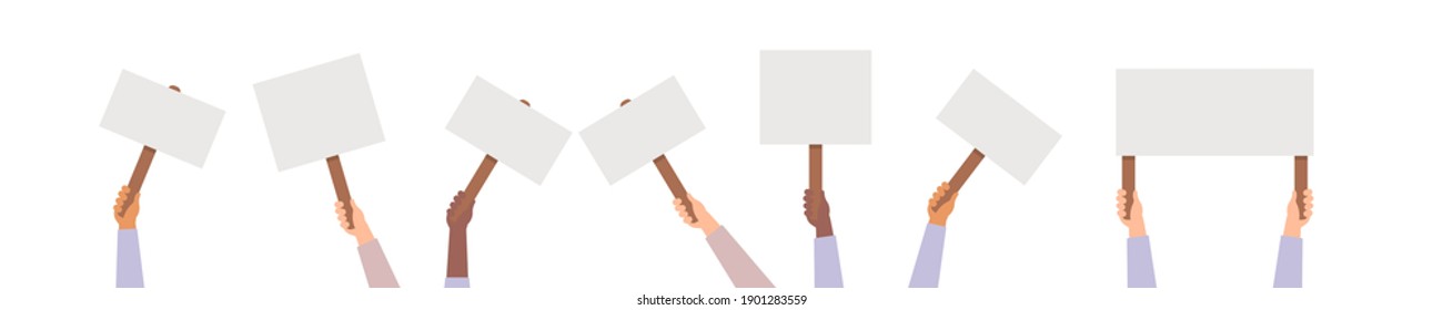 Hand holding protest posters vector, rebel placards in hands people activist crowd illustration.