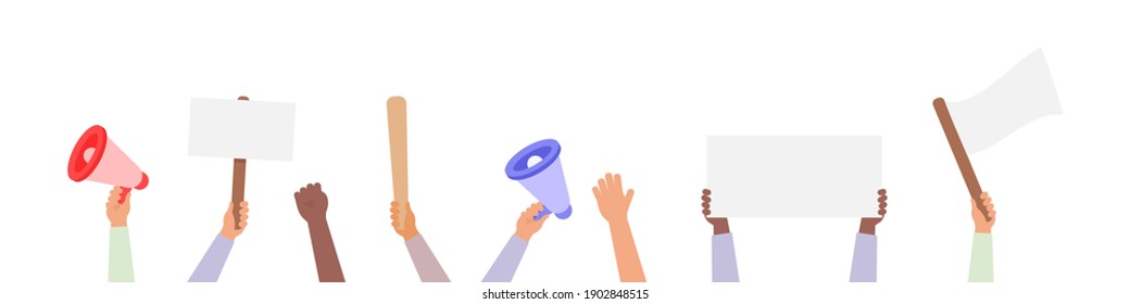 Hand holding protest posters vector collection, rebel placards in hands people set activist crowd illustration.