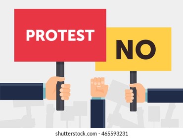 Hand Holding Protest Sign Flat Illustration. Protest Or Demonstration. Political Rally Concept. Flat Design. Vector Illustration.