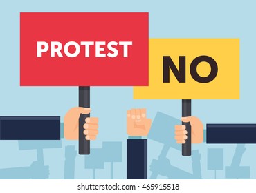 Hand holding protest sign flat illustration. Protest or demonstration. Political rally concept. Flat design. Vector illustration.