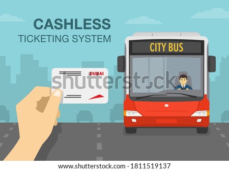 Hand holding a public transport cashless ticketing system card. City bus on the road. Flat vector illustration template.