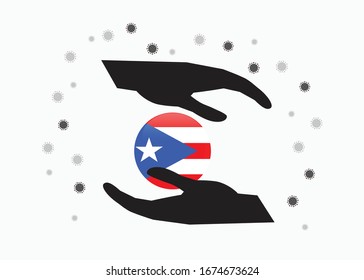 Hand holding the Puerto rico flag in cycle symbol, Protect  Puerto rican people from coronavirus or COVID-19 concept, Save Puerto rico, sign symbol background, vector illustration. 