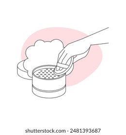 Hand holding puff to apply loose powder for face skin makeup line icon vector illustration