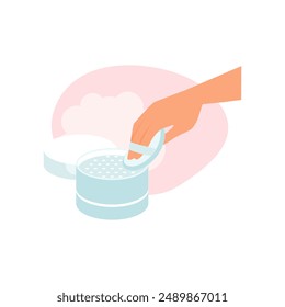 Hand holding puff for applying compact loose powder from plastic package vector illustration