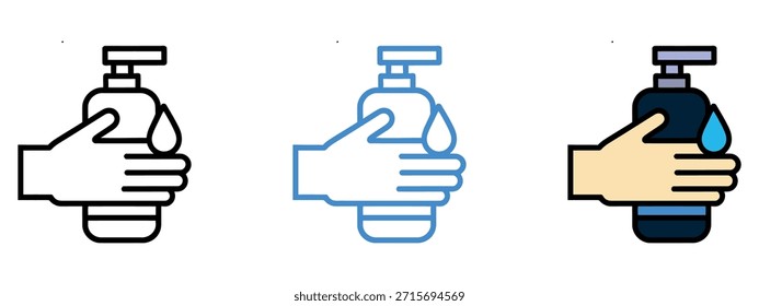 Hand holding a pump dispenser bottle of liquid soap or hand sanitizer with a single drop falling from the nozzle