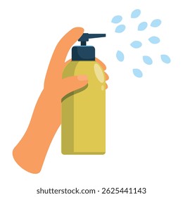Mão está segurando e bombeando um frasco de spray amarelo com sabão líquido