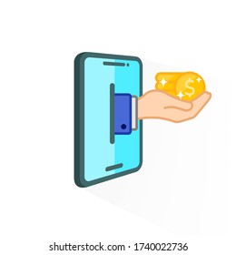 Mano de compra de bitcoines digitales virtuales para capitalizaciones criptomonetarias. Dinero, dólar con un fondo blanco aislado. Vector EPS 10