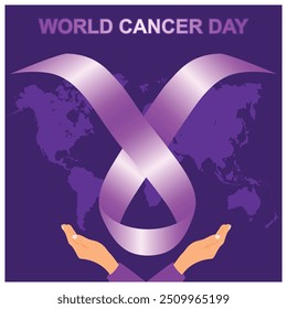 Mano sosteniendo una cinta púrpura de la conciencia del cáncer sobre un mapa de la tierra. Campaña del Día Mundial contra el Cáncer el 4 de febrero. Concepto del Día Mundial contra el Cáncer. Ilustración vectorial plana.