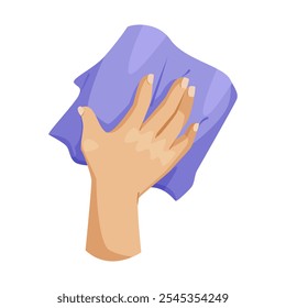 Hand holding a purple cloth for cleaning. Vector illustration