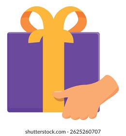 Hand is holding a purple gift box with a yellow ribbon, symbolizing a present or surprise