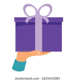 Hand is holding a purple gift box with a purple ribbon on a white background
