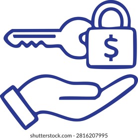A hand holding a purple padlock and a key with a dollar sign symbol representing financial security and investment Vector