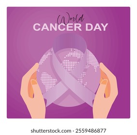 Hand holding purple ribbon with globe. Symbolizes awareness and support for cancer initiatives around the world. World Cancer Day concept. Flat vector illustration.