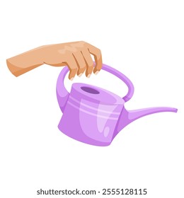 Hand holding a purple watering can on white background. Vector illustration