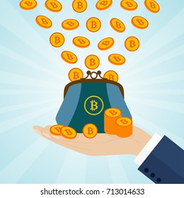 Hand holding a purse with bitcoins. Vector illustration