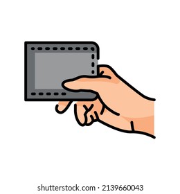 Hand holding purse color line icon. Pictogram for web page, mobile app, promo.