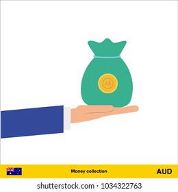 Hand holding purse full of money. Australian dollar banknote vector illustration.