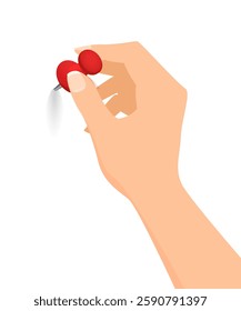 Hand holding and pushing a red pin, white background, simple illustration., stock illustration