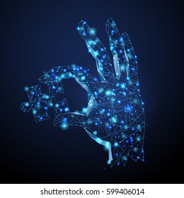 Hand holding puzzle blue color isolated on black.Abstract image of geometry triangle,connection structure.Points and shape.Planets,stars and universe.For web site,backdrop,poster,placard and wallpaper
