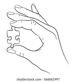 Hand holding a puzzle on white background of monochrome vector illustrations